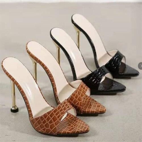 Fashion Women High Heels Shoes Pointed Toe Snake Print Mule Slippers Ladies Slides Party Shoes Woman 2021 Summer Female Footwear