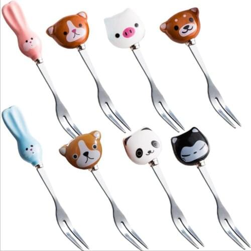 Cartoon animal ceramic handle creative stainless steel fruit fork snacks dessert fork green tableware