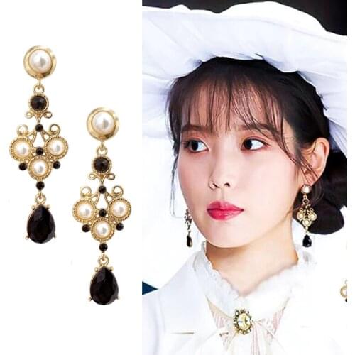 Korean Style temperament Imitation Pearls Black Water Drop Crystal Royal Baroque Clip on Earrings Non Pierced Ears For Women