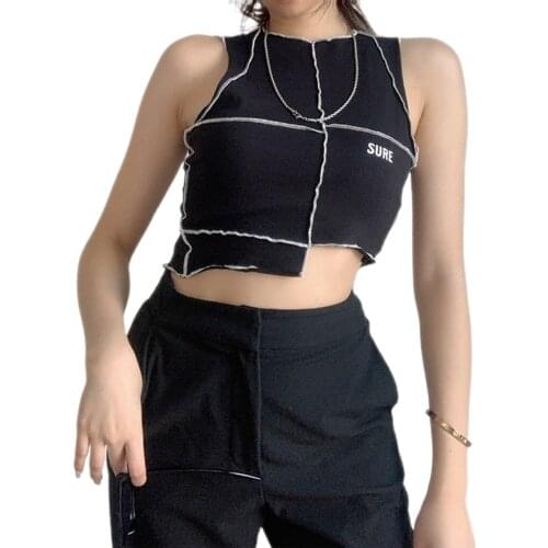 Womens Sexy Crop Tank Top, Casual Patchwork Geometric Lines Sleeveless Stretchy Basic Tee Top