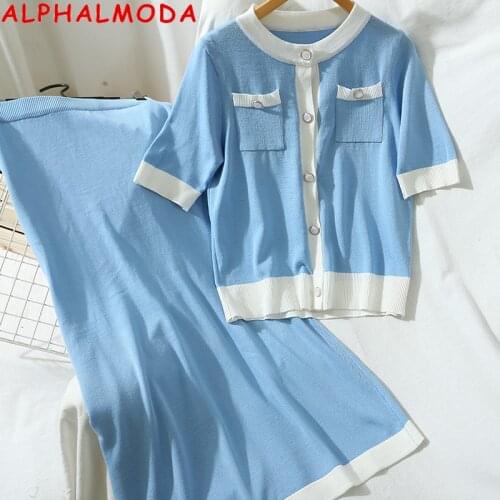 ALPHALMODA Summer New round Neck Single-Breasted Cardigan Knitted High Waist Skirt Slim 2pcs Suit Women Summer Fashion Suit