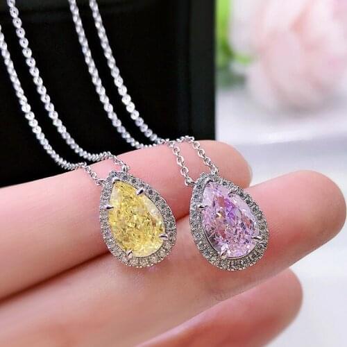 925 Silver 7*13mm Created Moissanite Yellow Pink Crystal Big Water Drop Pendants Chain Necklaces For Women Wedding Fine Jewelry