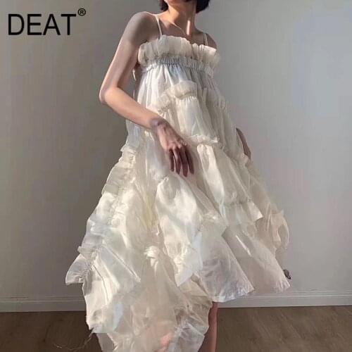 DEAT Women Irregular Ruffles Spaghetti Strap Dress New Round Neck Sleeveless Loose Fit Fashion Tide Spring Summer 2021 1W571