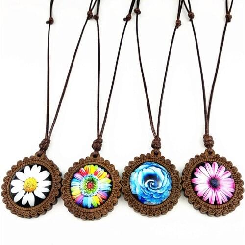 24pcs Chrysanthemum, Daisy, Rose Dome Glass Wood Pendant Necklaces Women Necklaces Jewelry Wax Rope Chain DIY Necklaces gift