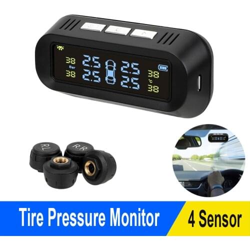 Car Solar TPMS Intelligent Tire Pressure Alarm Monitor System Wireless Digital Display Temperature Warning With 4 Sensors