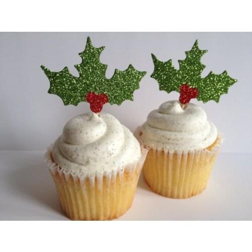 Glitter Holly Leaves and Berries Christmas Cupcake Toppers Party Bachelorette birthday Wedding Bridal Shower Night food picks