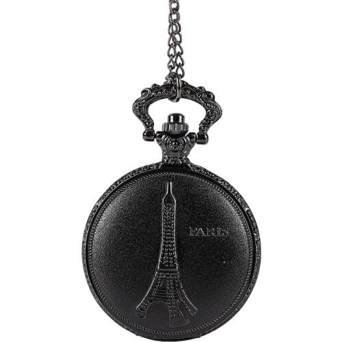 Large Vintage Retro Carved Pocket Watch Black Necklace Matte Texture Eiffel Tower Pocket Watch with Chain