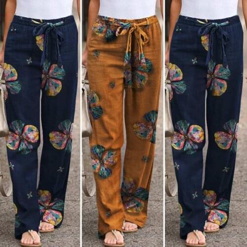 ZANZEA 2021 Retro Turnip Pants Womens Autumn Trousers Casual Elastic Waist Long Pantalon Palazzo Printed Pants