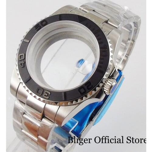 For NH35 NH36 40mm Watch Case Oyster Bracelet Plain Sapphire Glass Brushed Black Insert Open Screw Back Folding Buckle