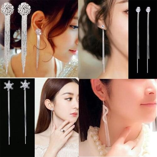 Long Party Drop Earrings For Women Silver Plated Crystal Dangle Hanging Gem Stone Rhinestone Tassel earrings Wedding Jewelry