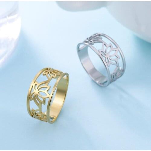 LIKGREAT Women Stainless Steel Ring Gold Silver Color Finger Rings Buddhism Lotus Flower Religion Jewelry bijoux femme anillo