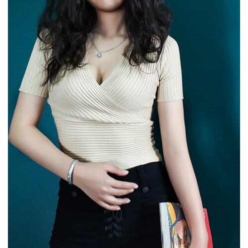 Knit Sweaters Women 2020 Pullovers Ladies Sexy Low-cut Pull Femme Plus Size Well Elastic Woman Sweater Summer T-shirts Crop Tops