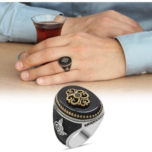 Tesbihane Black Onyx Stone to Over Baking Anatolian Motif 925 Sterling Silver Men 'S Ring