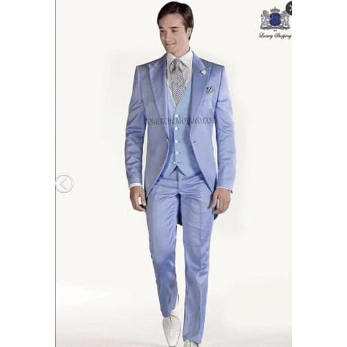 2017 Latest Coat Pant Designs Light Blue Satin Iatlian Men Suit Slim Fit 3 Piece Tuxedo Custom Blazer Groom Prom Suits Masculino
