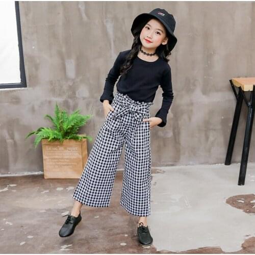 Girls' Autumn Plaid Pants Two Piece Korean Leisure Long Sleeve Bottom Shirt 3 4 7 9 12 14