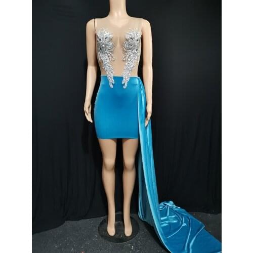 Sexy Transparent Mesh Stretch Blue Dress Long Tail Prom Dress Silver Stone Birthday Outfits For Women Singer Costume VDVDB3441
