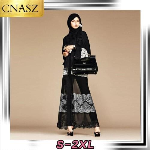 2020 Latest Abaya Fashion Islamic Turkey Black Stitching White Classic Lace Chiffon Cardigan Elegant Dubai Middle East Kimono