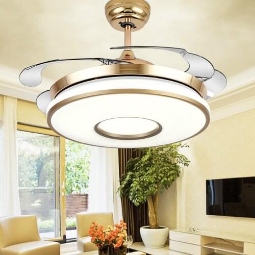 YEELED Light 42" Invisible Gold Ceiling Fan Remote 3-Color Light/3 Speed Retractable Fan chandelier for Indoor Living Bedroom