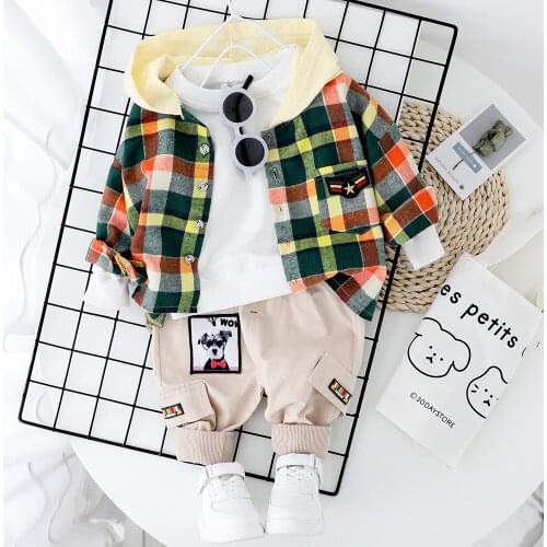 2020 Christmas Baby Kids Autumn And Winter New Long-Sleeved Casual Two-Piece Suit For Boys 2 Spring Plaid Hooded Cardigan Suit