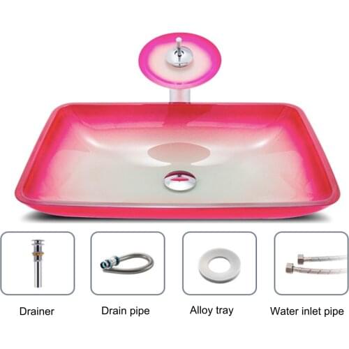 Tempered glass above counter basin bathroom wash basin household sink with copper faucet and drainer