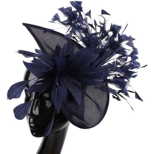 Gorgeous Women Bride Navy Fascinator Hat With Hair Clips Elegant Ladies Fancy Feathers Wedding Headwear Bridal Hair Accessories