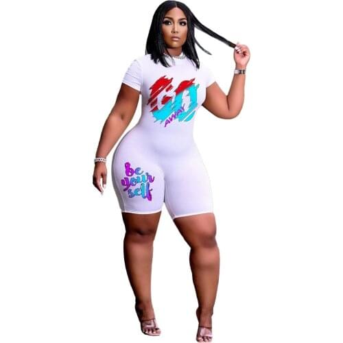 Colorful Letter Print Skinny One Piece Biker Shorts Womens Outfits Summer Short Sleeve High Waist Jumpsuit Rompers Plus Size 5XL