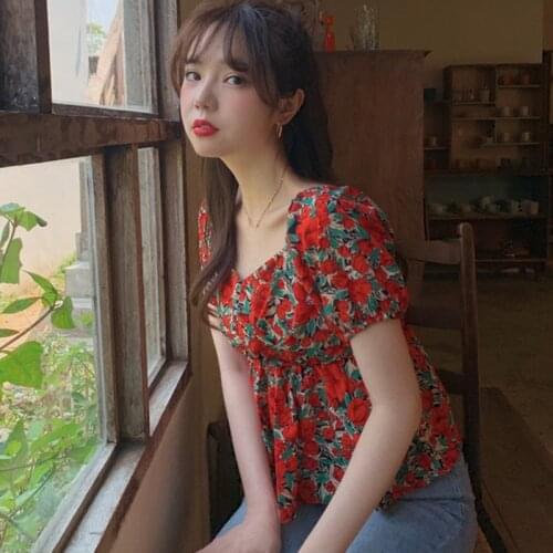 Womens Floral Print Blouses Fashion Sweet Ruffles Puff Sleeve Shirt Beach Style Square Collar Short Sleeve Shirts