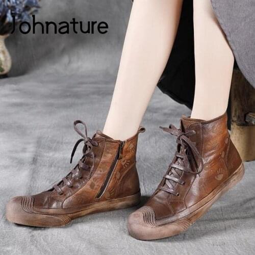 Johnature Women Boots Lace-up Women Shoes 2020 New Genuine Leather Flat With Sewing Round Toe Handmade Ankle Platform Boots