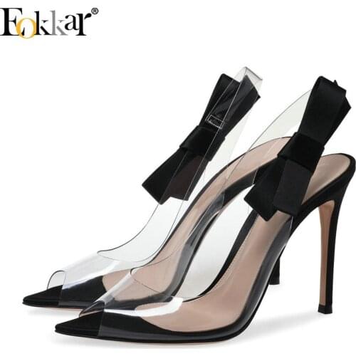 Eokkar 2019 Peep Toe Thin High Heels 12cm Transparent Stiletto Sandals Pumps Riband Slip On Black Shoes Women Plus Size 35-45