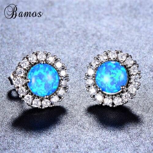 Bamos 100% Silver Color Double Sunflower Earrings Ocean Blue & Green Fire Opal Stud Earrings For Women Boho Jewelry