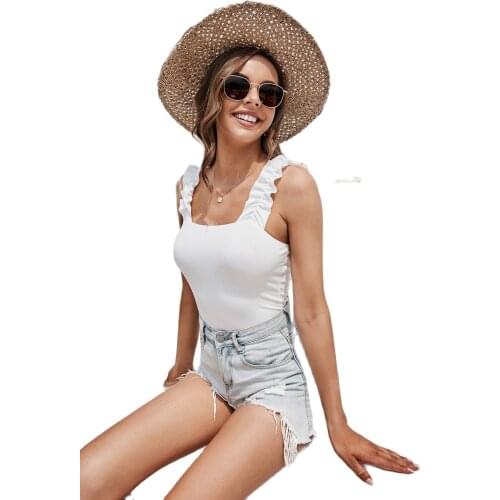 2021Summer New Sexy Womens Solid Square Neck Pullover Top Open Back Ruffle Shoulder Strap Sleeveless Slim Casual One-Piece Vest