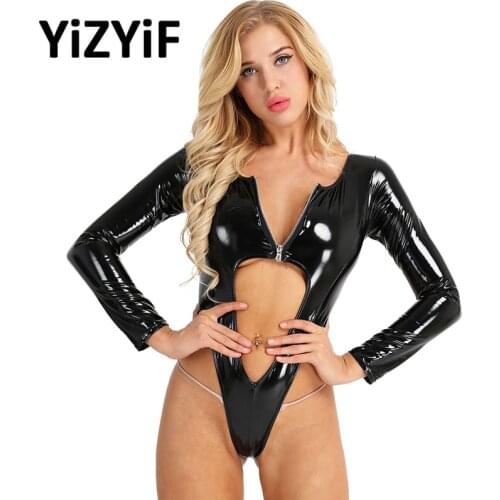 Women One Piece Swimsuit Wetlook Patent Leather Lingerie Long Sleeve Front Zipper Hollow Out High Leg Cut Thong Leotard Bodysuit
