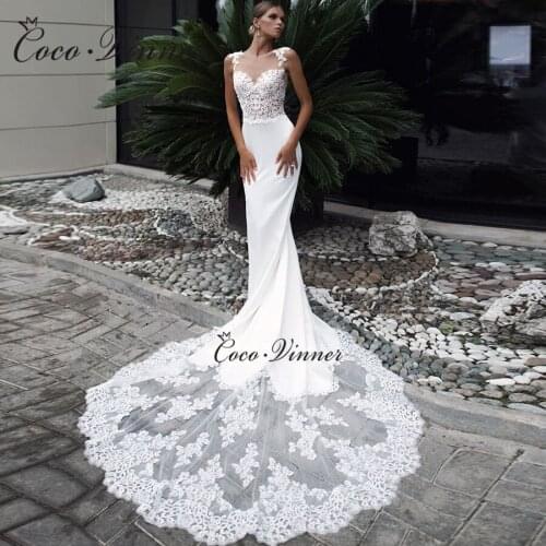 Embroidered Lace on Net Special Straps Soft Satin Mermaid Wedding Dresses Court Train Pure White Vestido De Novia W0525
