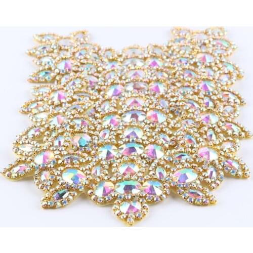 3pcs/lot)Bling Gold AB Crystal Rhinestone Appliques Patch Hot-Fix Beaded Applique Trim For Girl Headbands Dress