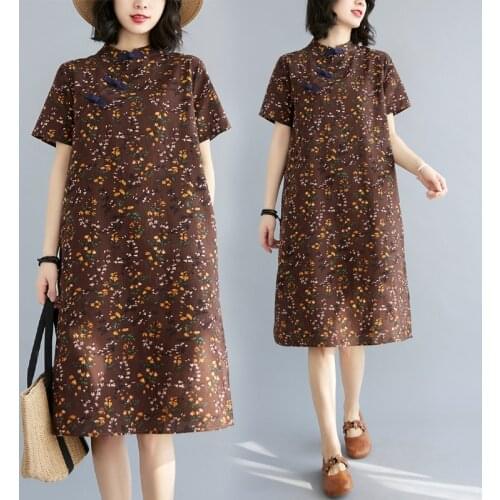 7188# Vintage Chinese Style Printed Cotton Linen Maternity Dress Clothes for Pregnant Women Summer Elegant Pregnancy Cheongsam