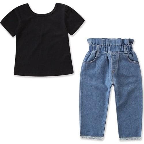 1-6Y Toddler Kids Baby Girl Short Sleeve Black T-Shirt Tops+High Waist Denim Pant Jeans 2PCS Outfits Children Clothes Set