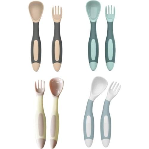 Baby Utensils Toddler Learn To Eat Training Bendable Soft Spoon Fork Tableware Q9QB
