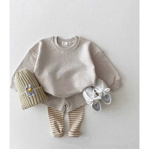 9073 Children Clothing Set Fake Two Piece Suit Autumn 2021 Solid Color Girls Suit Sweatershirt+Fake 2 Piece Stripe Pant Boy Set