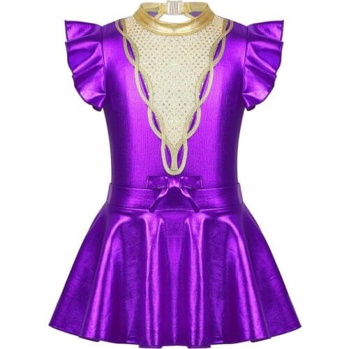 Kids Girls Halloween Showman Dance Costume 2 Pcs Outfit Short Flutter Sleeves Metallic Sparkly Sequins Stage Performance Dress