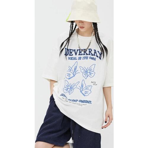 Short-sleeved T-shirt cotton loose top 2021 men and women street hip-hop alphabet butterfly clothing Harajuku T-shirt summer