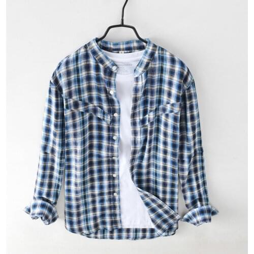 Plaid Long Sleeve Shirt for Men 100% Linen Casual Tops Spring New Stand Callar Male Vintage Clothing 2021