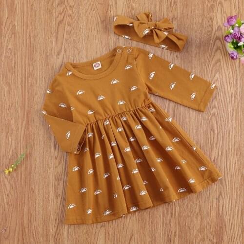 Girls Sun Printing Dress Set, Long Sleeve Ruffled Hem Casual Dress with Printed Headband, Lovely 2Pcs Suit Spring Autumn