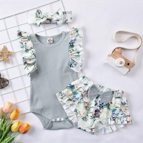 0-12M Newborn Toddler Kids Baby Girls Summer Clothes Outfits Green Flower Print Romper +Shorts Headwear Set детская одежда L