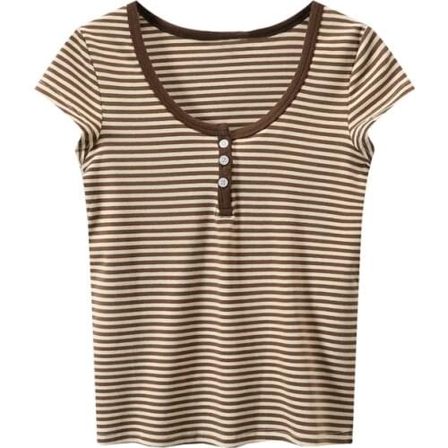 Sweet Women Soft Cotton O Neck T-shirt 2021 Summer Fashion Ladies High Street Vintage T-shirt Female Striped Slim T-shirt Top
