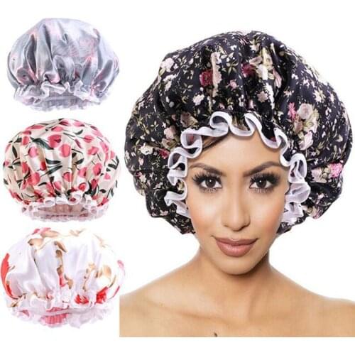 New European And American Popular Large Satin Shower Cap Solid Color Pe Lined Waterproof Beauty Home Hair Restraint Cap