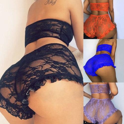 New Fashion Womens Sexy Lingerie 2Pcs Exotic Sets Lace Floral Off Shoulder Cami Top+Shorts See Through Sleepwear Nightwear Set