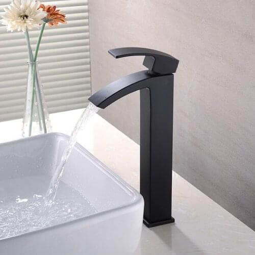 Black Tall Basin Vessel Sinks Mixer Faucet Single Lever Basin faucet Waterfall Square Bathroom Washing Mixer Taps Deck Mounted