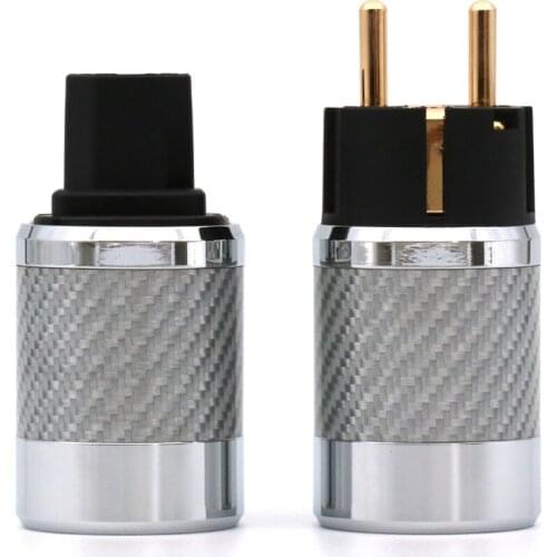 Pair hifi Carbon Fiber Gold Plated SCHUKO EU Schuko Power Plug Connector+IEC Plug Connector DIY Audio