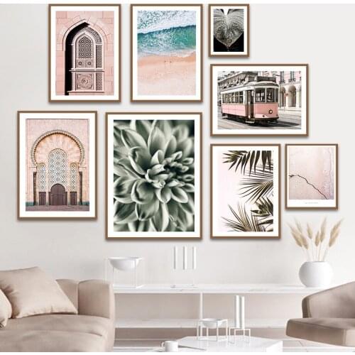 Religious Building Sea Leaf Green Plants Tram Art Canvas Painting Nordic Posters And Prints Wall Pictures For Living Room Decor