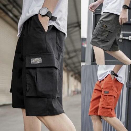 Men Cargo Shorts Summer Casual Solid Color Elastic Waistband Fifth Cargo Pants Drawstring Breathable Plus Size Fitness Shorts